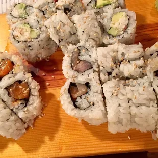 Spicy Salmon Roll (left), California Roll (upper middle), Spicy Yellowtail Roll (right bottom)