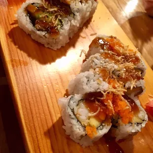 Spider Roll (left top) and Mango Crunch Roll (right bottom)