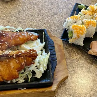 Salmon Teriyaki and California Roll