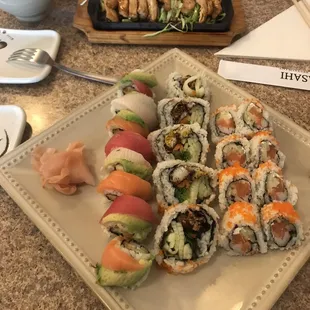 Rainbow roll, soft crab roll, and philly roll. The fish was terrible quality