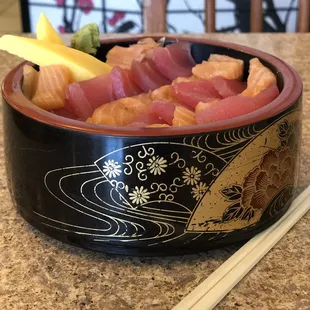 Salmon &amp; tuna chirashi made with  Huge portion of fish. Fresh. Filling. Delicious.