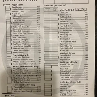 Nigiri, sashimi, and sushi menu