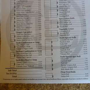 Sushi menu