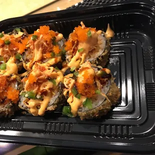 Sunshine Roll take out, deep fried spicy tuna with spicy crab meat salad and jalapeño