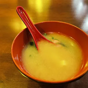Everyone gets a cup of tasty yellow miso soup. Hooray!