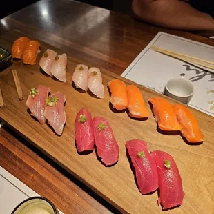 Salmon, ocean trout, amberjack, bluefin Tuna and albacore sushi