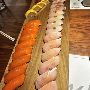 Left-right:salmon sushi, bluefin Tuna, amberjack and yellowtail belly