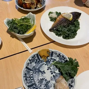 Shrimp shumai, seaweed salad, saba shioyaki, and takoyaki