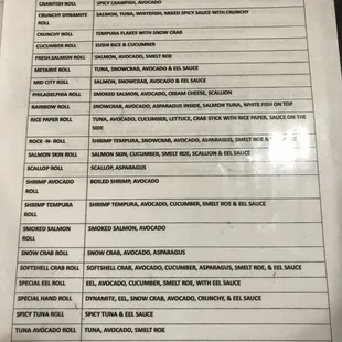 Sushi Menu