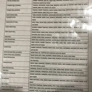 Sushi Menu