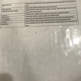 Sushi Menu