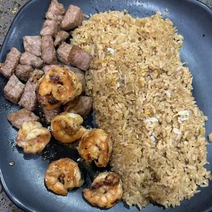 Fried rice, steak and shrimp