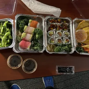 Edamame, rainbow, eel avocado, salmon avocado, crab rangoon.