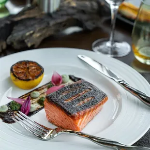 Alder + fruit wood grilled King salmon