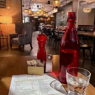 Free water in fancy bottles and an extensive menu!