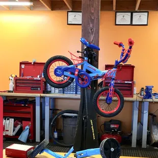 Fixing my son's Spider-Man bike, flat rear tire.