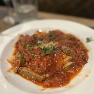 a plate of pasta and meat