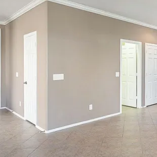 Trim work, paint and tile installation.