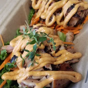 One of many combinations of our entrees. This one is a Filipino BBQ Chicken lettuce wrap with spicy aioli. Yum!