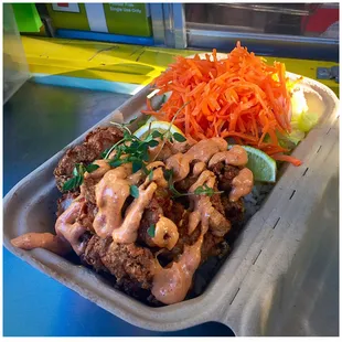 Fried Pork Belly with fresh Veg &amp; Hot Rice  topped with a Spicy Aioli