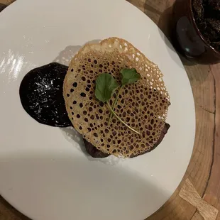 Under the dried gravy chip (good I might add) is the elk chop.