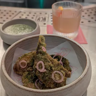 Fried Rabbit &amp; Bourbon Grapefruit/Yuzu cocktail