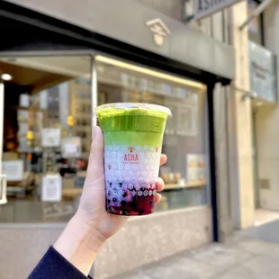 Matcha Latte with Blueberry Purée and Boba!