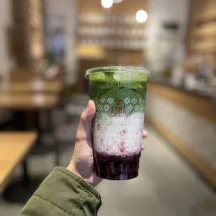 Matcha latte + grape puree
