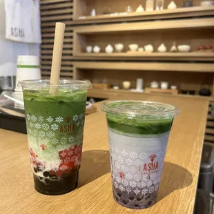 Strawberry Matcha Latte (left) and blueberry matcha latte (right)