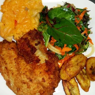 Fried Tilapia with Vegan Baked Macaroni and Cheese, Organic Marinated Salad and Plantain.