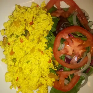 Organic Scrambled Tofu Tossed with Fresh Vegetables served with an Organic Spring Mix Salad.