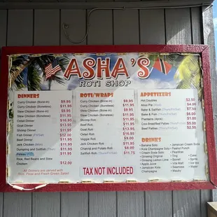 the menu for the restaurant