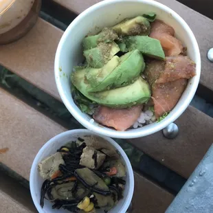 Salmon avocado bowl with tofu mushroom salad on the side
