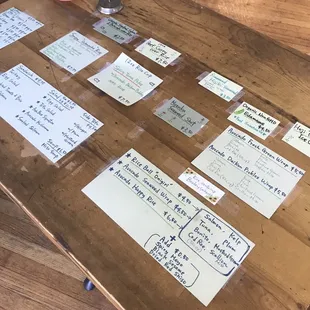 a wooden table with sticky notes on it