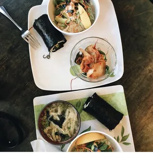 Miso soup, Salmon avocado wrap &amp; tuna/spicy mayo happy rice.