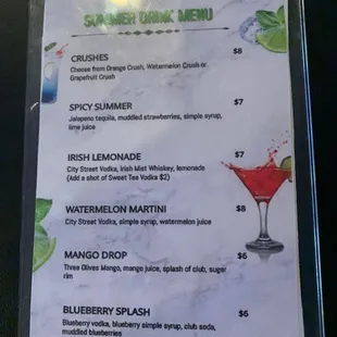 Summer drink menu