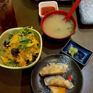 Salad, miso soup, spring rolls &amp; gyoza pork pan fried dumplings
