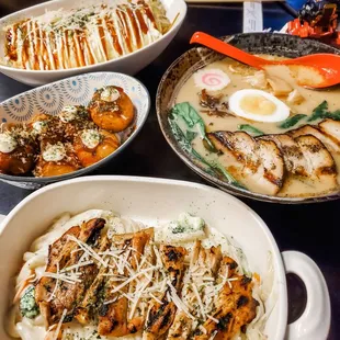 Chicken cream udon. Takoyaki. Ramen. And omusoba