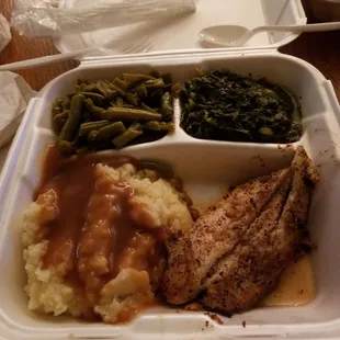 Lordy have mercy  I had the grilled fish along with potatoes with green beans and turnip greens and cornbread and banana pudding