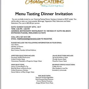 8-20-17 Save the date, make your reservation, book your seat to our next menu tasting dinner Today!