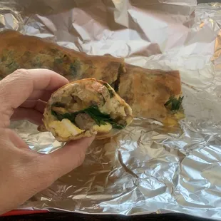 Breakfast stuffed bread with added mushrooms and spinach.