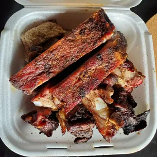 King&apos;s Combo with Ribs, Rib Tips, &amp; Shoulder. Came with 2 sides and bread (not pictured).