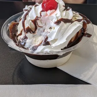 a chocolate sundae with whipped cream and a cherry