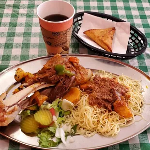 Lamb Shank, Spaghetti,  Sambusa,  Large Ginger Tea