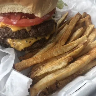 a cheeseburger and fries