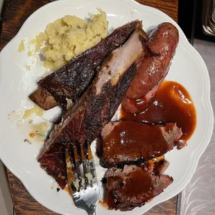 Potato salad, Ribs, sausage, brisket