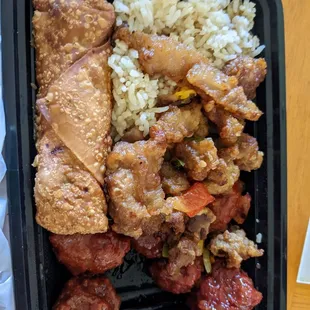 Lunch deal - fried rice with egg roll+ meatballs + orange chicken