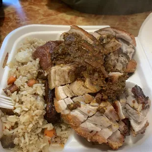 Crispy pork and roast duck with fried rice