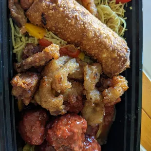 Singapore noodles+eggroll+ meatballs+ orange chicken