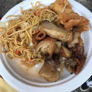 Yakisoba, honey pork, fried fish